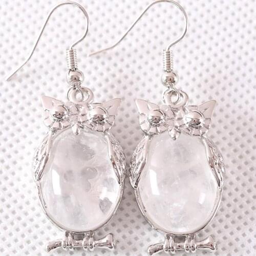 Jewelry Gift for Women Dangle Earrings Natural Gem White Crystal Oval CAB Cabochon 16x28MM Animal Owl Earring 1Pair U099