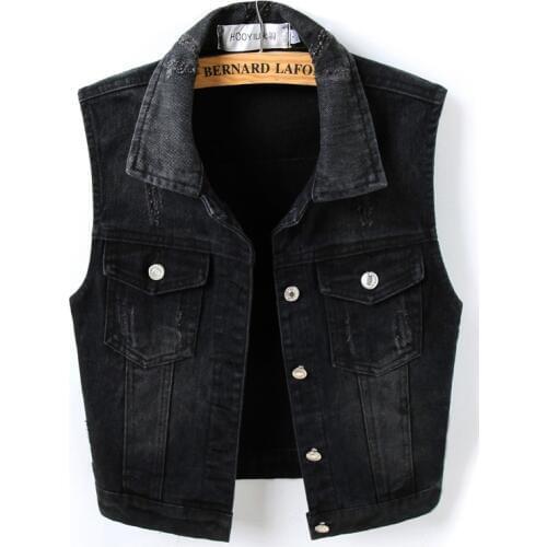 Women Black Vintage Denim Jackets Vests 2019 Spring Autumn Sleeveless Casual WaistCoat Pockets Jeans Jacket Coats Outerwear R695