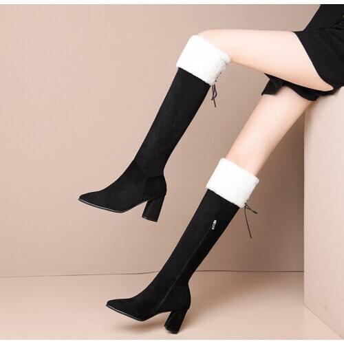 2020 pointed thick heel over knee boots for women winter new net red thin elastic boots with plush high heel womens Boots