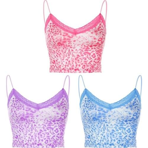Womens Spaghetti Strap V-Neck Slim Crop Top Leopard Lace Patchwork Camis Vest E15E