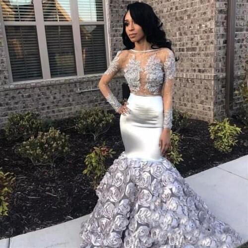 Gorgeous Rose Flowers Mermaid Prom Dresses 2020 Appliques Beads Sheer Long Sleeve Satin Backless Evening Gown robes de soirée