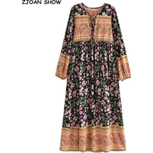 2021 Bohemia Bandage Lacing up Collar Flower Print Dress BOHO Woman Hit Color Long Sleeve Maxi Long Holiday Dresses Beach