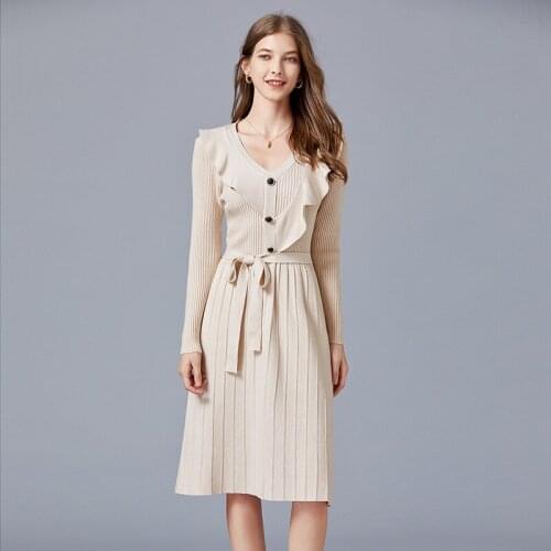 Women V-neck Knitted Dress Autumn Winter Ruffled Slim Sweater Dress Single Breasted Sashes Solid Elegant Dress For Women k6176