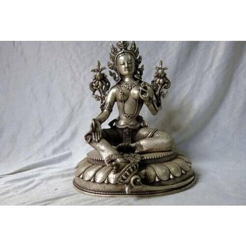 10" China silver Buddhism Kwan-yin Guanyin Green Tara buddha Lotus seat Statue
