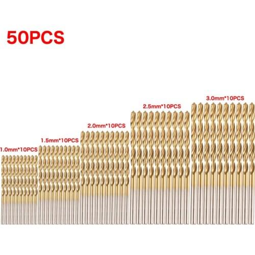 50pcs 1/1.5/2.0/2.5/3mm Titanium Coated Twist Drill Bits Set HSS High Drill Bit Saw Set Metal Wood Drilling Hole Hand Tools Set