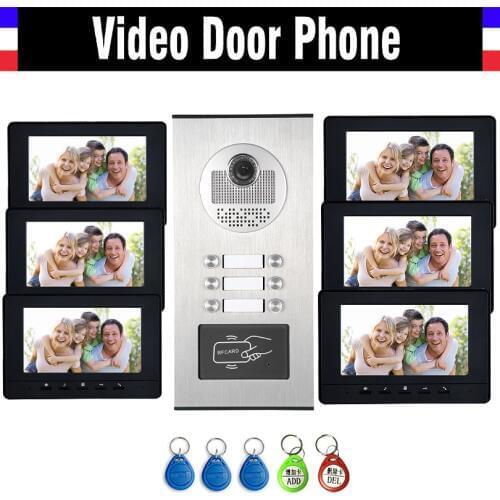 6 Units Apartment Intercom System Video Intercom Video Door Phone Kit HD Camera 7" Monitor with RFID keyfobs for 6 Household