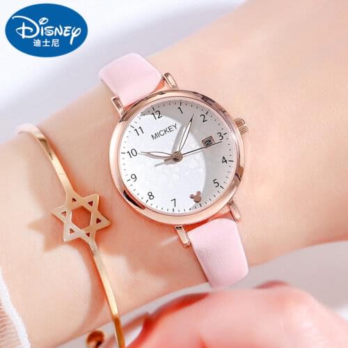 Disney Women Mickey Mouse Flower Design Leather Band Quartz Watches Woman Steel Back Cover Alloy Case Pink Wristwatch Waterproof