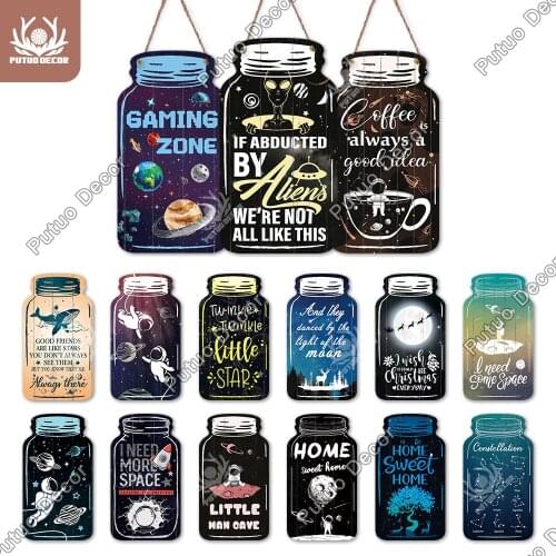 Putuo Decor Star Sign Mason Jar Shape Wooden Hanging Sign Planet Wood Plaque for Home Decoration Man Cave Wall Art Decor