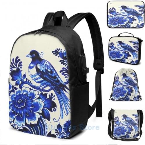 Funny Graphic print Delft porcelain oriental toile USB Charge Backpack men School bags Women bag Travel laptop bag