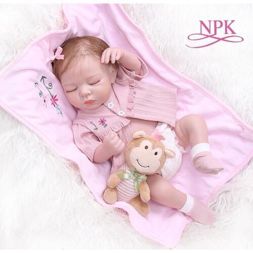 NPK 48cm Newborn Bebe Realistic Soft Full Body Silicone Reborn Baby Doll Lifelike Sleeping Doll with Plush Monkey Toy