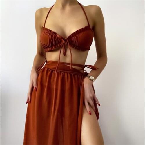 FUFUCAILLM Three Piece Bikini Suits Womens Sexy Fashion Solid Color Ruffles Halter Padded Tops + Bandage Skirt +Thong Swimsuits