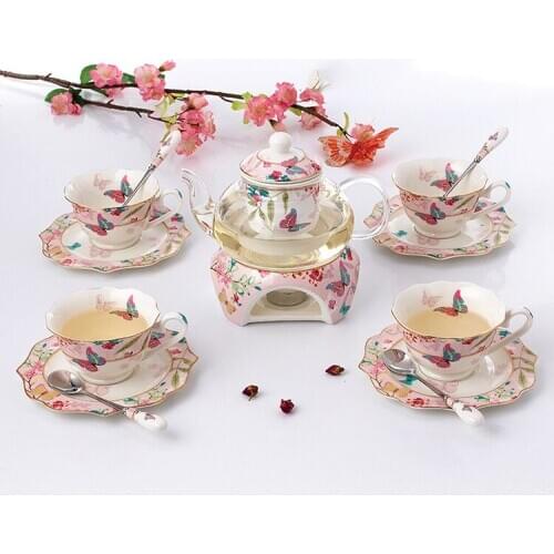Fashion Sakura Butterfly Flower Tea Tea Ware Coffee Set Heatable Warm Tea Stove Glass Teapot Ceramic Coffee Cup Saucer Spoon Set