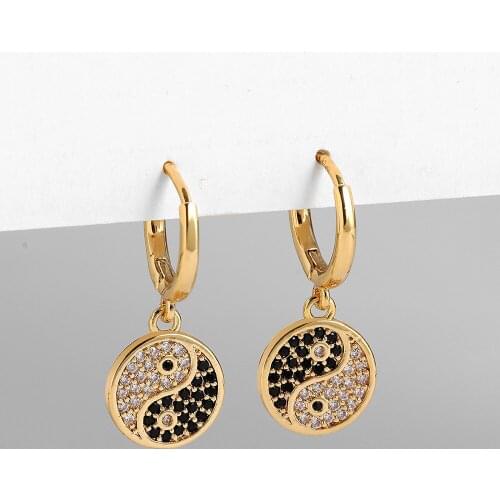 Fashion Geometric Round Yin Yang CZ Zircon Pendant Earrings for Women Vintage Gold Color Circle Huggie Drop Earring Jewelry