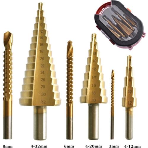 6Pcs HSS Titanium Step Drill Bit Set 4-12/20/32mm Metal Hole Cutter Wood Cone Core Drilling Hole Saw Tool+3,6,8 Saw Drill