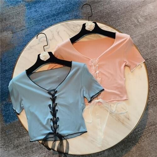 2020 Summer New Straps Tight Short Thin Knitted T-shirt for Women Slim Top Girls Ladies Sexy Streetwear Short T Shirt Tight Top