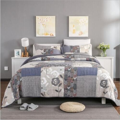 New 100% cotton Handmade Quilted Gray Bedspread Bed Cover duvet Bed Sheet Blanket Pillowcases 3pcs
