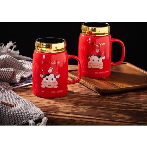 New year of the ox ceramic cup creative cartoon red glaze mirror Mug