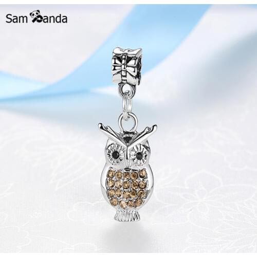New Silver Plated Bead Charm Owl Pendant Charms Crystals Fit Bracelets Bangles Women DIY Fashion Jewelry Making