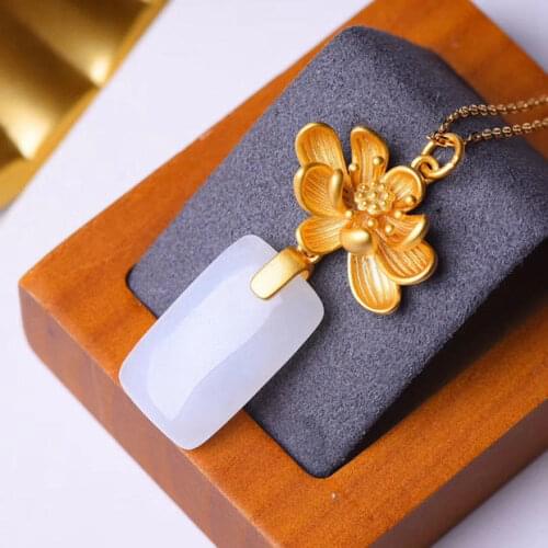 Original Design Natural Hetian White Jade Rectangular Lucky Pendant Inlaid 925 Sterling Silver Ancient Style Thick Gold Lotus Pe