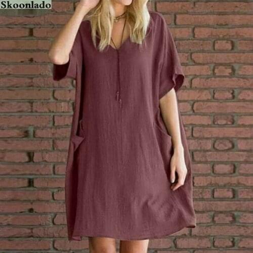 Women cotton linen dress pocket V neck female dresses casual plus size 5xl women clothes lady summer dresses good quality loose