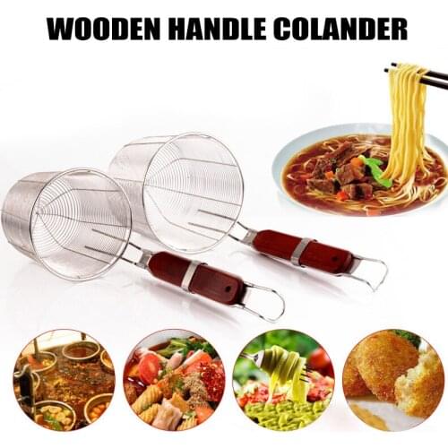 Portable Stainless Steel Noodle Food Strainer With Hook And Wooden Handle Strainer Basket For Dumpling Udon Vegetables Pasta