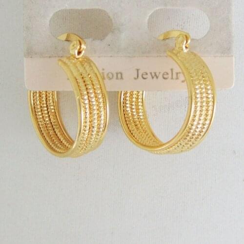 NEW CARVED YELLOW GOLD GP SOLID FILL OVERLAY ROUND HOOP 0.7" THREAD TWIST AND COMBINED EARRING/GREAT GIFT
