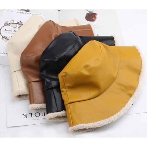 New Winter Hat Women Pu Warm Velvet Solid Bucket Hats Unisex Fashion Single Side Fisherman Caps Tourism