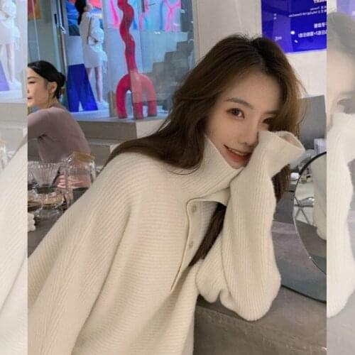Korean Womens High Neck Round Neck Sweater Loose Fashion Pullover Mid-length Solid Color Sweater 2021 Autumn Winter New