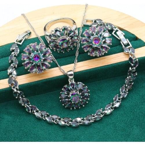 Mysterious Rainbow Zircon Silver Color Jewelry Set for Women Bracelet Earrings Necklace Pendant Ring Christmas Gift Dubai