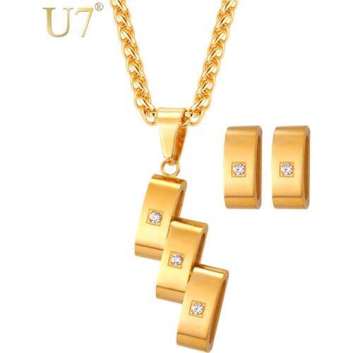 U7 Jewelry Sets Geometric Shape Earrings Necklace Set Women Gift Rhinestone Silver/Gold Color Stainless Steel Jewellery S1018