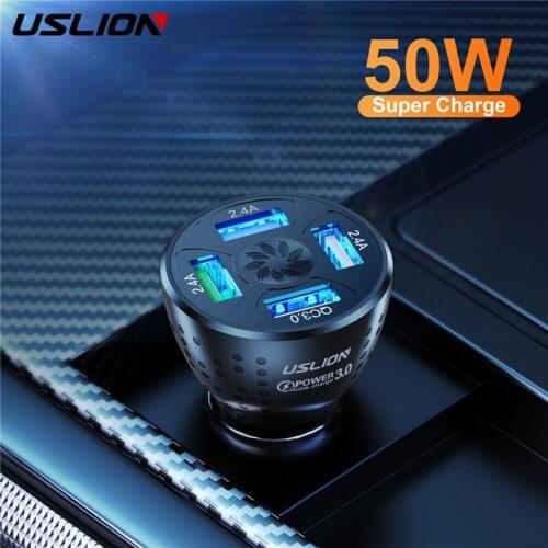 USLION 50W Fast Charger 4 Ports USB Car Charger QC3.0 4.0 Mini Fast Charging For iPhone 13 12 11 Xiaomi Huawei Phone Charger