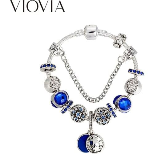 VIOVIA High Quality Blue Rhinestone Beads Charms Bracelets & Bangles Moon Bracelets for Women Diy Christmas Jewelry B17125