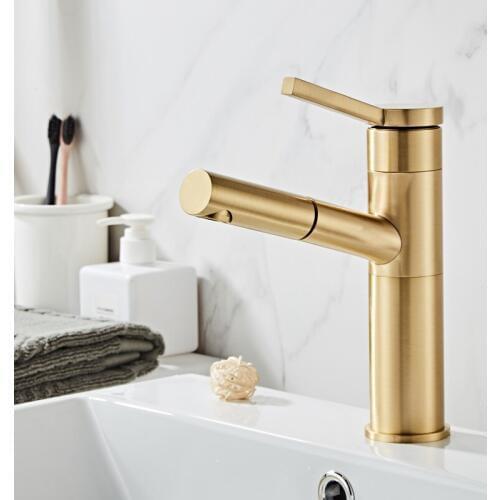 Pull out Basin Faucet Brushed Gold Faucet Hot & Cold Sink Faucet with hand Shower head Mixer Tap Bathroom Faucet Lavatory Mixer