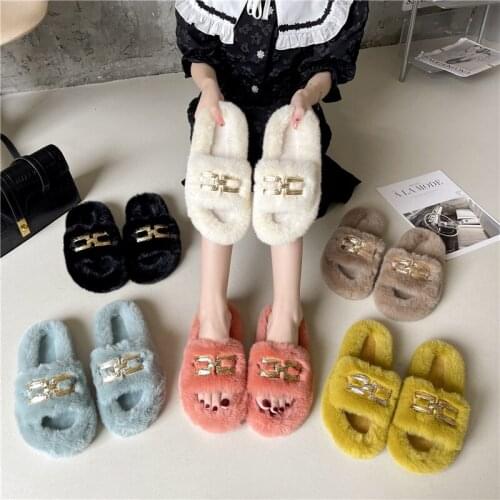 Winter Women House Slippers Faux Fur Flat Warm Shoes Furry Home Slippers Non-slip Indoor Floor Slippers Fuzzy Slides For Female