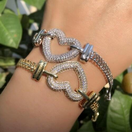 Fashion Big Hollow Love Heart Shape Bracelet For Women Gold&Silver Color Chain Zircon Bohemian Jewelry Ladies Charm Bangle Gifts