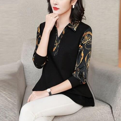 Printed Diamonds Patchwork Women Tops Long Large Size Blouse Stretch Knitted Cotton Elegant Ladies Tops 2021 New Summer Pullover