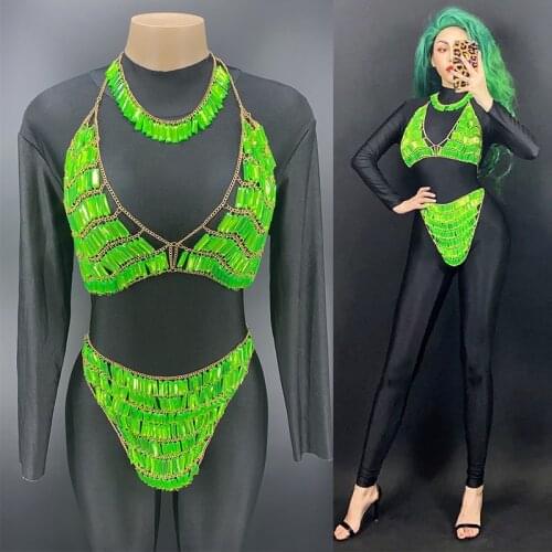 Women Stage Costume Bodysuit Fluorescent Green Beaded Bikini Nightclub Pole Dance Clothes Singer Dancer Performance Costume 3895