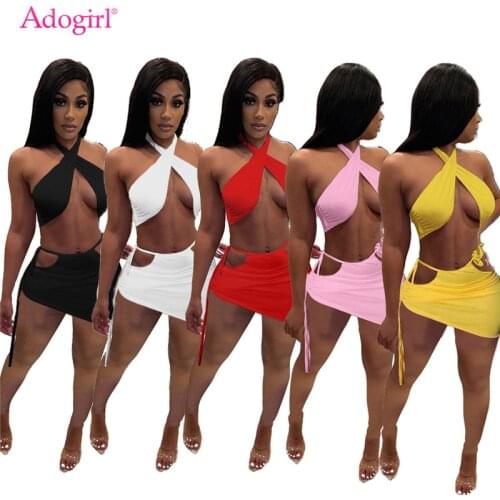 Adogirl Women Sexy Halter Crop Top Lace Up Hollow Out Bodycon Mini Skirt Two Piece Set Dress Fashion Night Club Beach Suit