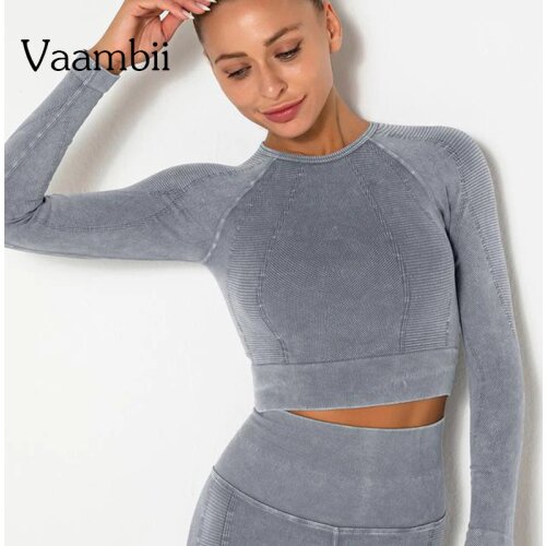 Womens Wash Style Top Seamless Sport Shirt Blouses Training Crop Top Fitness Shirts Long Sleeve Sports T-shirt Yoga Clothes