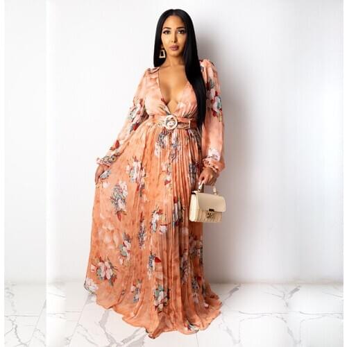 Women Long Dress Floral Print Lantern Sleeve Maxi Dress Vestidos Autumn New Elegant Vintage V Neck Pleated Loose Dresses