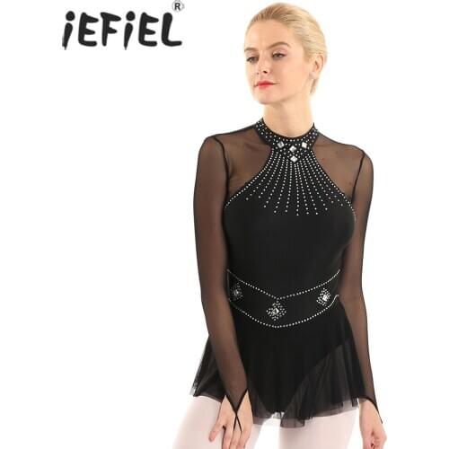 IEFiEL Womens Adult Figure Skating Dress Shiny Fingertip Mesh Splice Leotard Ice Skating Dress Latin Ballroom Dancing Costume