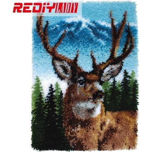 0089 REDIY LADIY Latch Hook Rug Crocheting Cushion Wall Tapestry Pre-Printed Canvas Yarn Embroidery Mat Forest Deer Carpet 110x