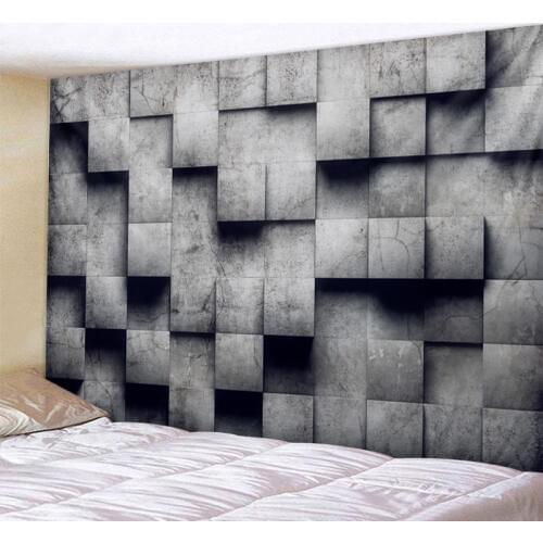 3D gray geometric cube Tapestry Wall Hanging Psychedelic Wall Tapestry Bohemian Mandala Hippie Tapestry for Bedroom