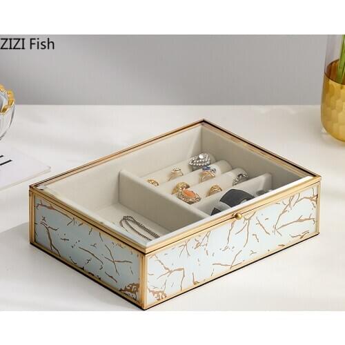 Creative Brass Glass Jewelry Storage Box Desktop Jewelry Necklace Display Box Glass Marble Texture Single Layer Storage Ornament