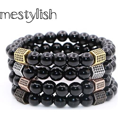 Mestylish Black Onyx Stone Bead Bracelet For Women Men Rectangle Cubic CZ Zirconia Bracelets Jewelry Pulseras Mujer
