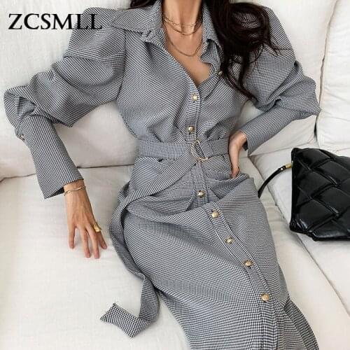 ZCSMLL Long vestido Korean chic temperament lapel unique single breasted pleated belt plaid design puff sleeve dress female 2021