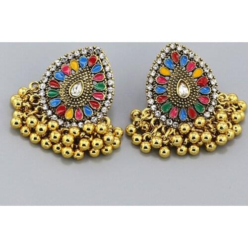 Egypt Multicolors Enamel Flower Crystal Drop Dangle Earrings for Women Boho Indian Jhumka Bells Tassel Earring Female Party Gift