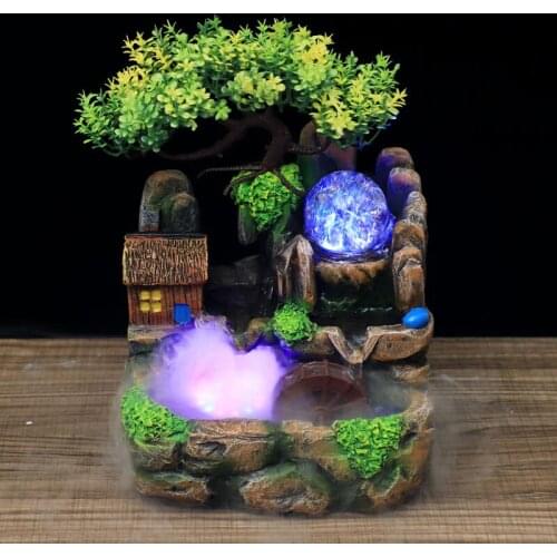Feng Shui Wheel Led Lights Resin Rockery Flowing Water Fountain Lucky Office Desk Ornaments with Nebulizer Vintage Home Decor