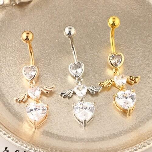 Exquisite Heart Crystal Wings Dangling Stainless Steel Belly Button Rings Women Fashion Navel Body Piercing