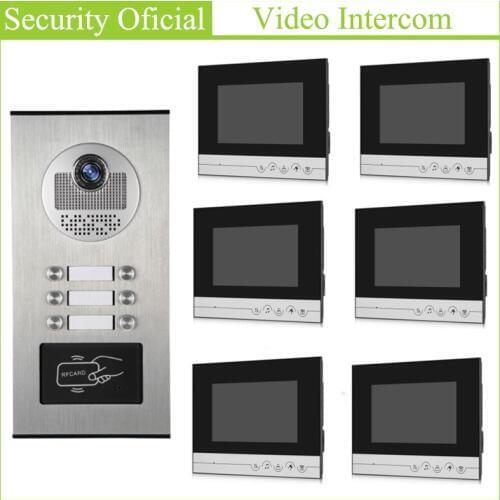 7 Inch TFT LCD Color Monitor Night Vision Camera For Multi Apartment Video Doorbell 6 Family Intercom System with ID Card Unlock
